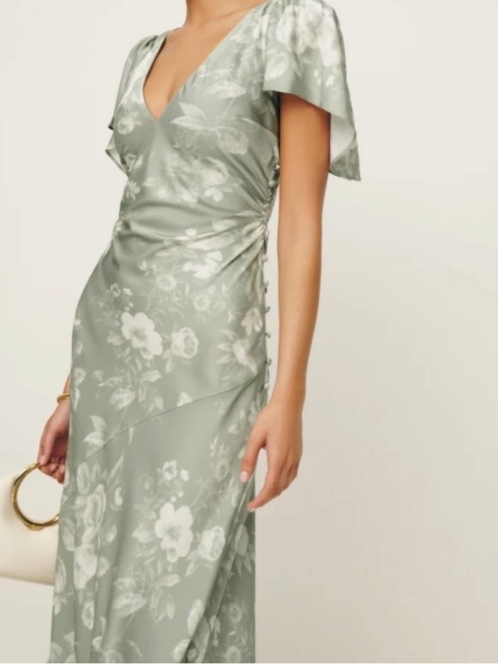 Reformation Vida Satin Maxi Dress | Vendela Floral Print Sage Ivory | Size 0 - Picture 3 of 16